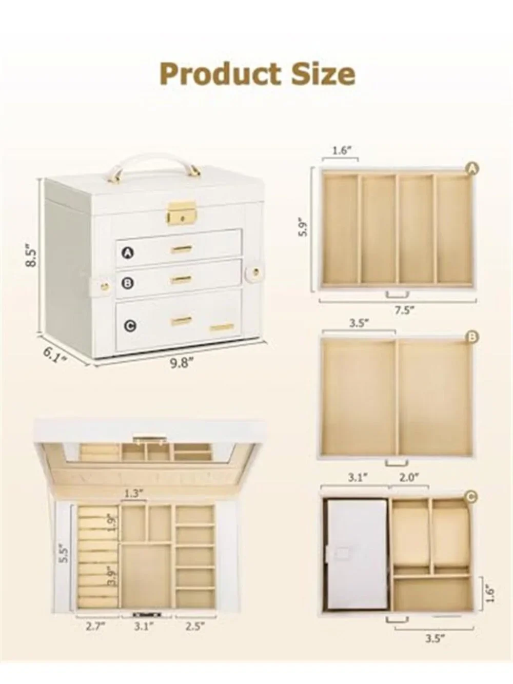 Jewelry Box Organizer With Mirror Lock Travel Case Necklace Ring Earring Storage